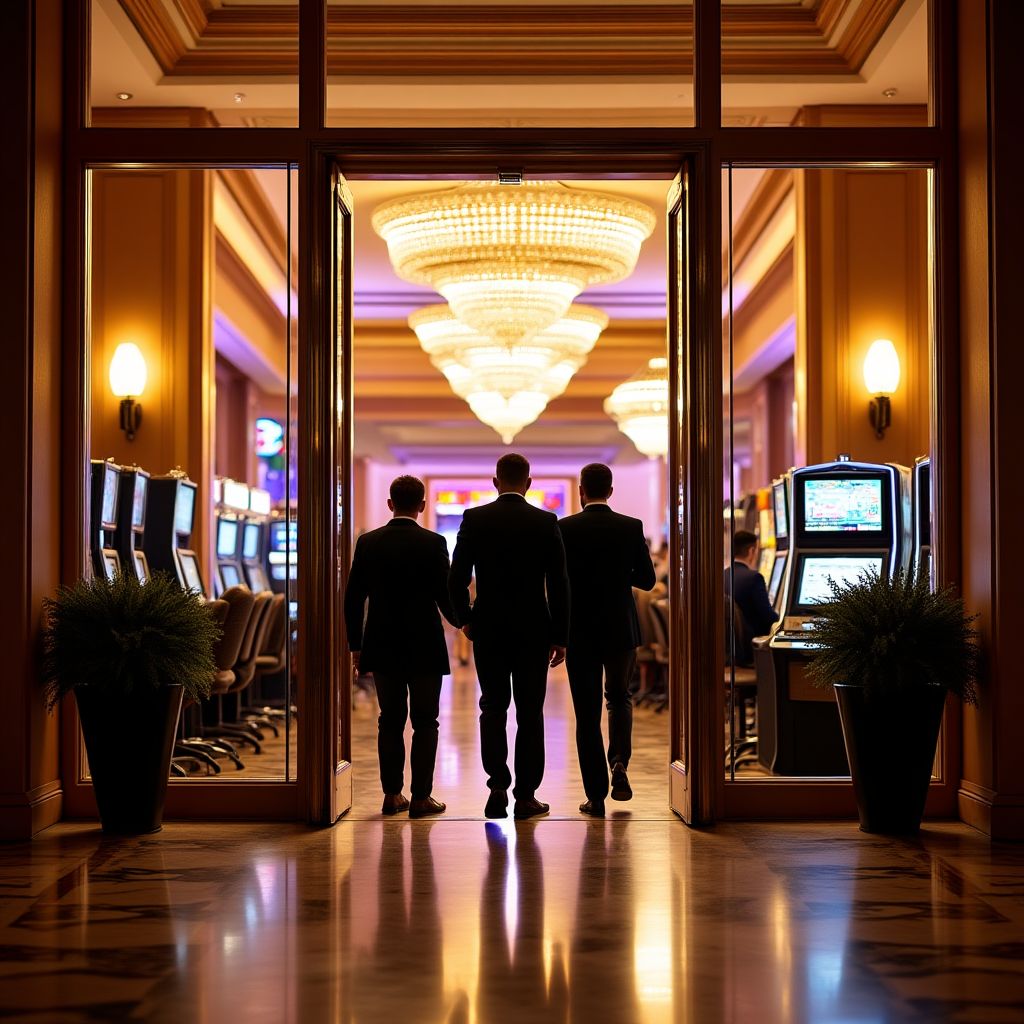 Luxe ingang van Lucky Stay Casino Hotel met stijlvolle gasten